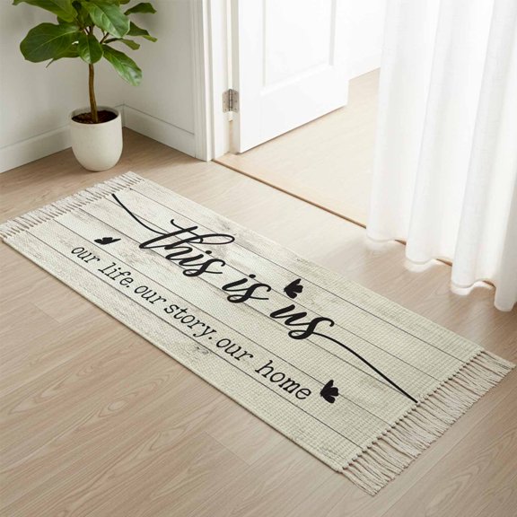 Area Rug with Tassels 2' x 4', Spring Farm Animals with Quotes Kitchen Runner Rug for Hallway Bedroom Throw Rugs, Chic Wooden Board Soft Door Mat for Bathroom Entrance Living Room