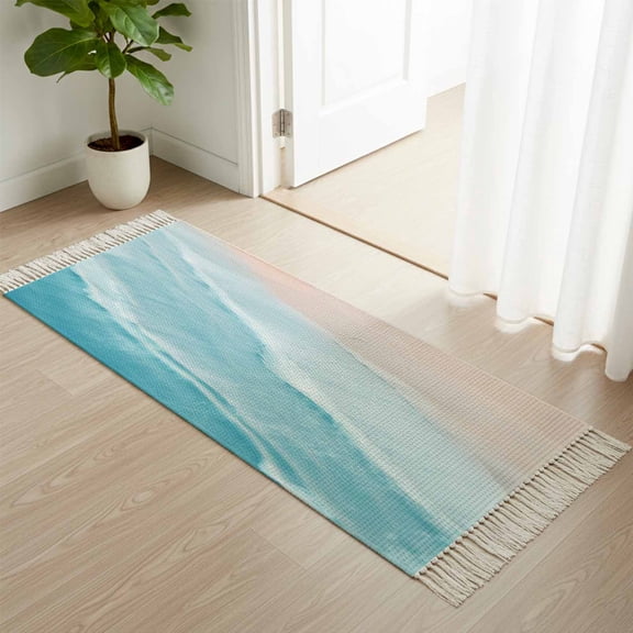 Area Rug with Tassels 2' x 4', Summer Beach Blue Wave Water Ripple Kitchen Runner Rug for Hallway Bedroom Throw Rugs, Seaside Coastal Nautical Soft Door Mat for Bathroom Entrance Living Room