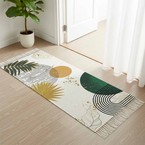 Area Rug with Tassels 2' x 4', Sun Arch Stripe Abstract Leaves Kitchen Runner Rug for Hallway Bedroom Throw Rugs, Color Block Boho Style Soft Door Mat for Bathroom Entrance Living Room