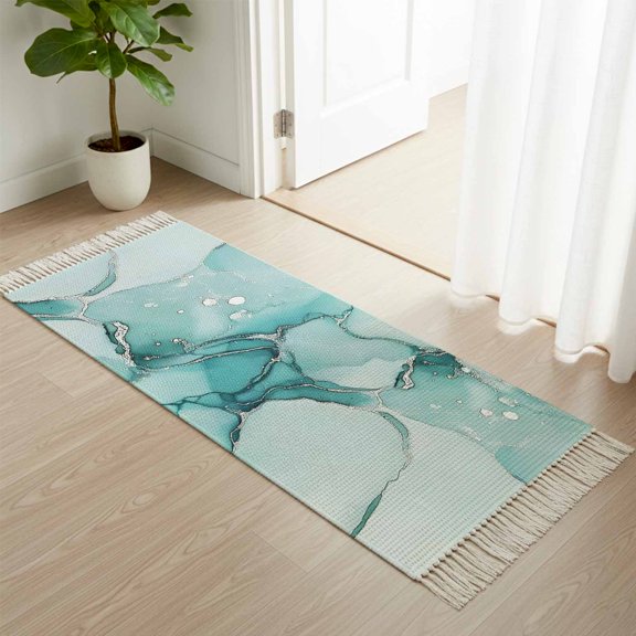 Area Rug with Tassels 2' x 4', Teal Marble Gradient Water Ripple Kitchen Runner Rug for Hallway Bedroom Throw Rugs, Abstract Stripe Soft Door Mat for Bathroom Entrance Living Room