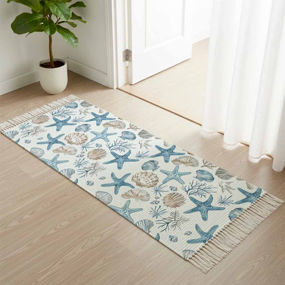 Area Rug with Tassels 2' x 4', Watercolor Marine Starfish Shell Coral Kitchen Runner Rug for Hallway Bedroom Throw Rugs, Undersea World on White Soft Door Mat for Bathroom Entrance Living Room