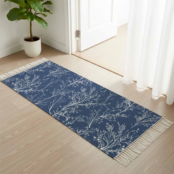 Area Rug with Tassels 2' x 5', Abstract Branches Navy Blue Kitchen Runner Rug for Hallway Bedroom Throw Rugs, Modern Minimalist Art Soft Door Mat for Bathroom Entrance Living Room