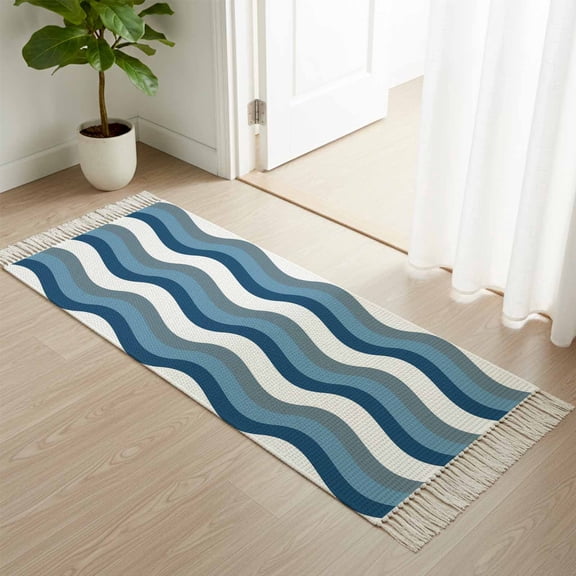 Area Rug with Tassels 2' x 5', Abstract Gradient Blue Ocean Waves Kitchen Runner Rug for Hallway Bedroom Throw Rugs, Minimalist Art Soft Door Mat for Bathroom Entrance Living Room