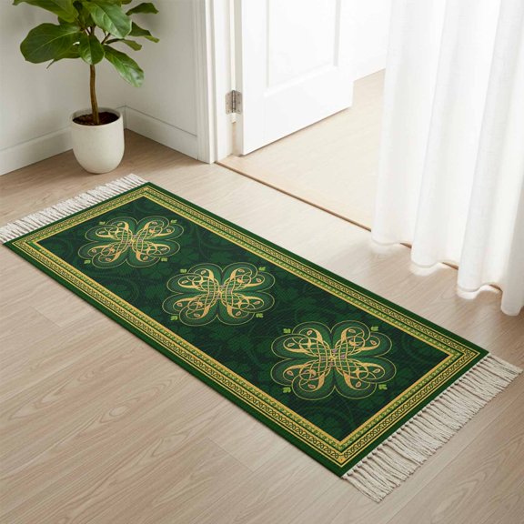 Area Rug with Tassels 2' x 5', Abstract Shamrock Celtic Knot Kitchen Runner Rug for Hallway Bedroom Throw Rugs, St. Patrick's Day Green Theme Soft Door Mat for Bathroom Entrance Living Room