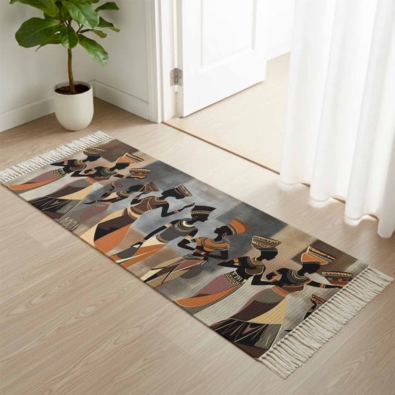 Area Rug with Tassels 2' x 5', African Ethnic Black Women Dancing Kitchen Runner Rug for Hallway Bedroom Throw Rugs, Abstract Africa Tribal Soft Door Mat for Bathroom Entrance Living Room