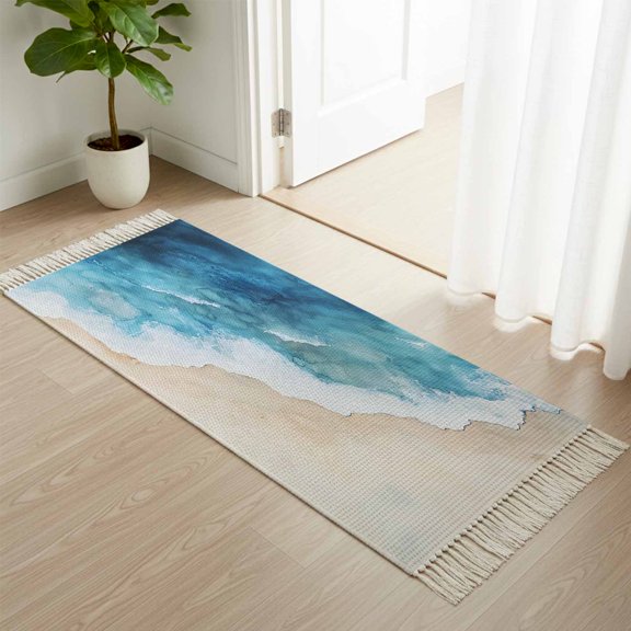 Area Rug with Tassels 2' x 5', Blue Waves Summer Beach Kitchen Runner Rug for Hallway Bedroom Throw Rugs, Gradient Water Ripples Soft Door Mat for Bathroom Entrance Living Room