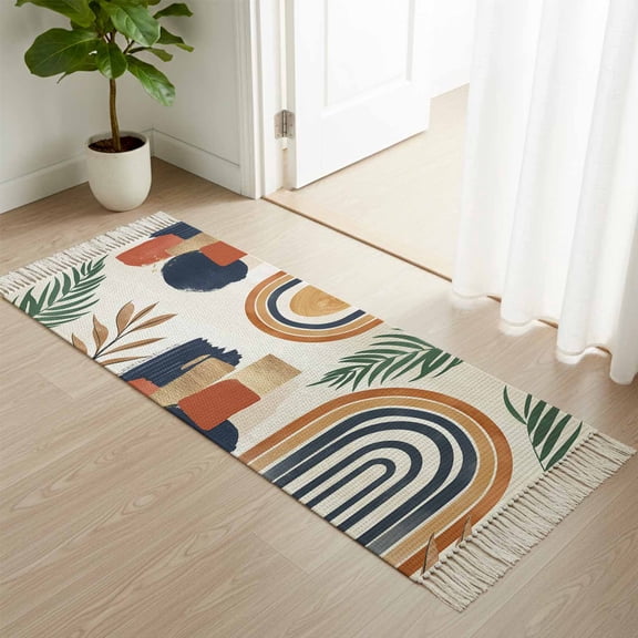 Area Rug with Tassels 2' x 5', Boho Arch Sun Tropical Leaves Kitchen Runner Rug for Hallway Bedroom Throw Rugs, Terracotta Aesthetic Nordic Style Soft Door Mat for Bathroom Entrance Living Room
