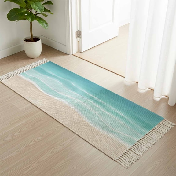 Area Rug with Tassels 2' x 5', Coastal Ocean Sea Wave Kitchen Runner Rug for Hallway Bedroom Throw Rugs, Teal Beige Water Ripple Soft Door Mat for Bathroom Entrance Living Room
