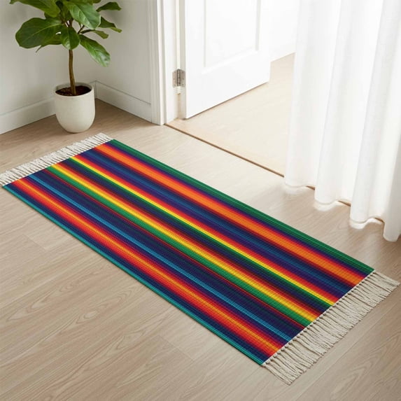 Area Rug with Tassels 2' x 5', Colorful Mexican Stripes Kitchen Runner Rug for Hallway Bedroom Throw Rugs, Gradient Line Ethnic Style Soft Door Mat for Bathroom Entrance Living Room