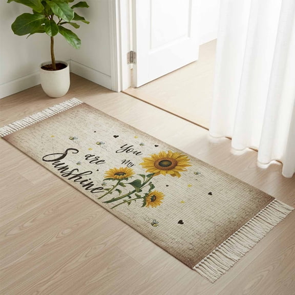 Area Rug with Tassels 2' x 5', Country Sunflower Bee Sunshine Quote Kitchen Runner Rug for Hallway Bedroom Throw Rugs, Vintage Letter Soft Door Mat for Bathroom Entrance Living Room