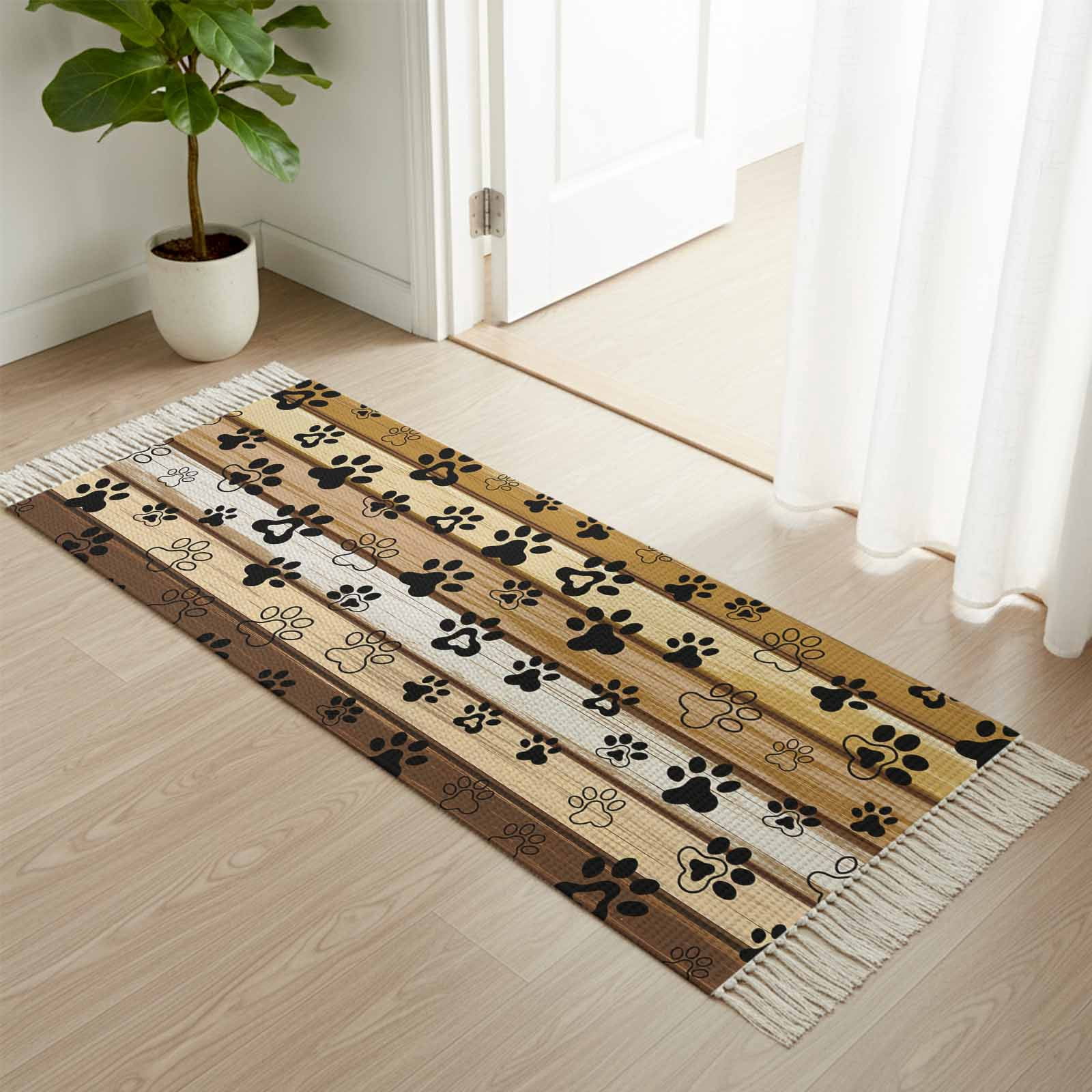 Paw Print Runner Rug Area Rug with Tassels 2' x 5', Cute Dog Paw Print Farm Wood Board ...