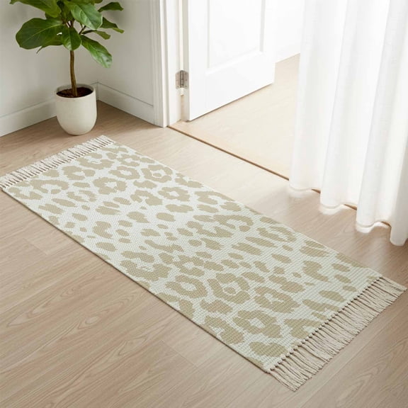Area Rug with Tassels 2' x 5', Cute Leopard Abstract Beige Kitchen Runner Rug for Hallway Bedroom Throw Rugs, Modern Minimalist Style Soft Door Mat for Bathroom Entrance Living Room