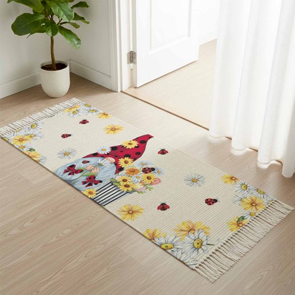 Area Rug with Tassels 2' x 5', Daisy Flower Gnome Ladybug Kitchen Runner Rug for Hallway Bedroom Throw Rugs, Farm Watercolor Floral Retro Linen Soft Door Mat for Bathroom Entrance Living Room