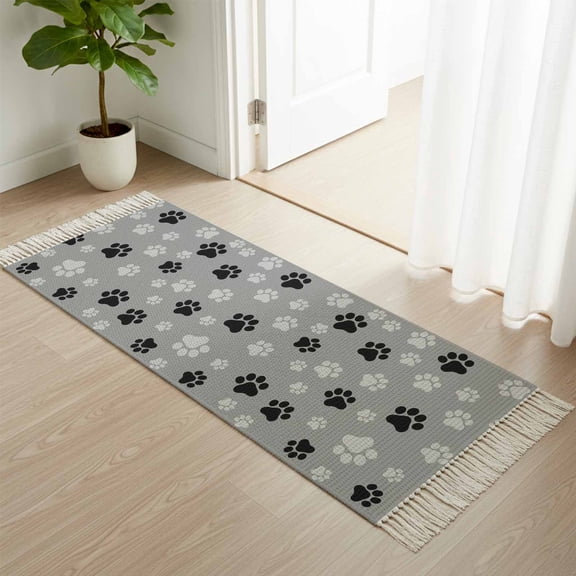 Area Rug with Tassels 2' x 5', Dog Paw Print Black Gray Kitchen Runner Rug for Hallway Bedroom Throw Rugs, Animal Footprint Pattern Soft Door Mat for Bathroom Entrance Living Room
