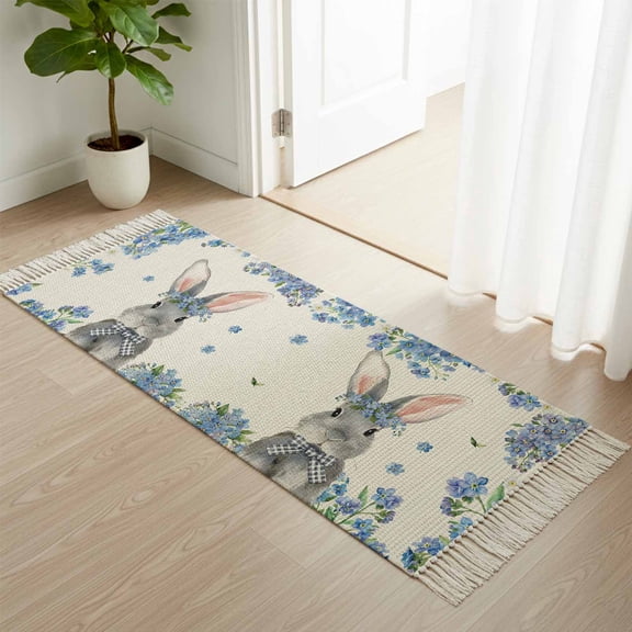 Area Rug with Tassels 2' x 5', Easter Rabbits Blue Flower Kitchen Runner Rug for Hallway Bedroom Throw Rugs, Spring Animal Floral Linen Texture Soft Door Mat for Bathroom Entrance Living Room