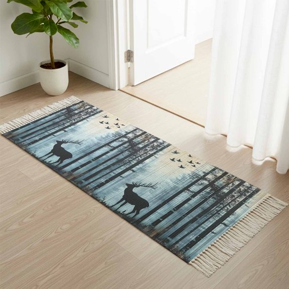 Area Rug with Tassels 2' x 5', Elk Forest Jungle Animal Shadow Kitchen Runner Rug for Hallway Bedroom Throw Rugs, Nature Landscapes Soft Door Mat for Bathroom Entrance Living Room