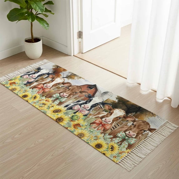 Area Rug with Tassels 2' x 5', Farm Cattle Yellow Sunflower Kitchen Runner Rug for Hallway Bedroom Throw Rugs, Retro Farmhouse Barn Soft Door Mat for Bathroom Entrance Living Room