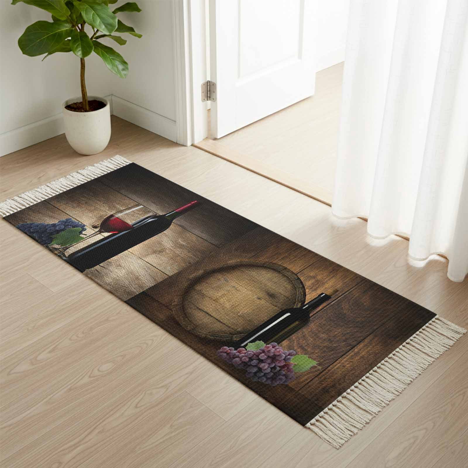 Area Rug with Tassels 2' x 5', Farm Red Wine Grapes Wine Barrel Kitchen ...