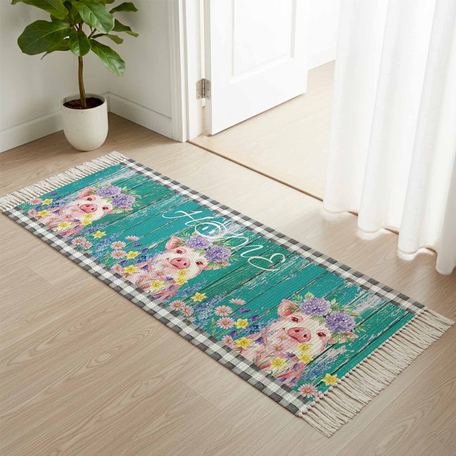 Area Rug with Tassels 2' x 5', Farm Watercolor Flower Pink Pig Kitchen ...