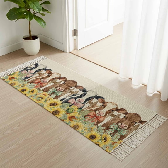 Area Rug with Tassels 2' x 5', Farmhouse Cow Sunflower Burlap Kitchen Runner Rug for Hallway Bedroom Throw Rugs, Rustic Wooden Fence Soft Door Mat for Bathroom Entrance Living Room