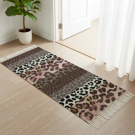 Area Rug with Tassels 2' x 5', Farmhouse Leopard Texture Kitchen Runner Rug for Hallway Bedroom Throw Rugs, Country Animal Printed Soft Door Mat for Bathroom Entrance Living Room