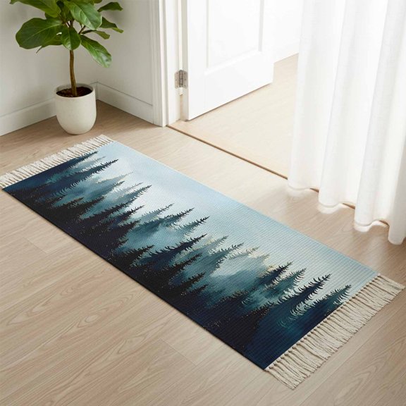 Area Rug with Tassels 2' x 5', Forest Jungle Black Shadow Kitchen Runner Rug for Hallway Bedroom Throw Rugs, Natural Landscape Blue Gradient Soft Door Mat for Bathroom Entrance Living Room