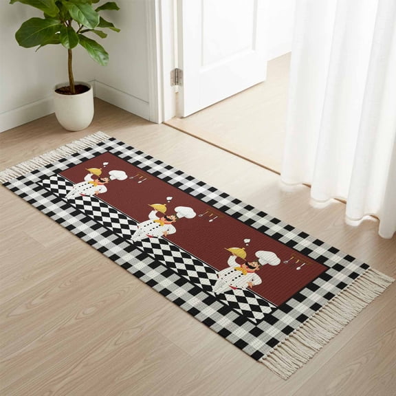 Area Rug with Tassels 2' x 5', Funny Chef Food Cutlery Kitchen Runner Rug for Hallway Bedroom Throw Rugs, Black White Plaid Dark Maroon Soft Door Mat for Bathroom Entrance Living Room