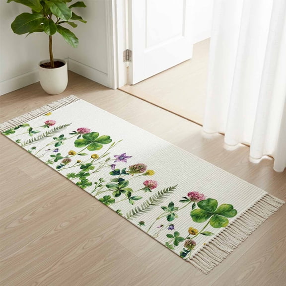 Area Rug with Tassels 2' x 5', Green Clovers Leaves Flower St. Patrick's Day Kitchen Runner Rug for Hallway Bedroom Throw Rugs, Irish Shamrock Floral Soft Door Mat for Bathroom Entrance Living Room