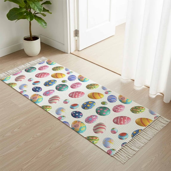 Area Rug with Tassels 2' x 5', Happy Easter Colorful Egg Kitchen Runner Rug for Hallway Bedroom Throw Rugs, Seamless Eggs on White Soft Door Mat for Bathroom Entrance Living Room