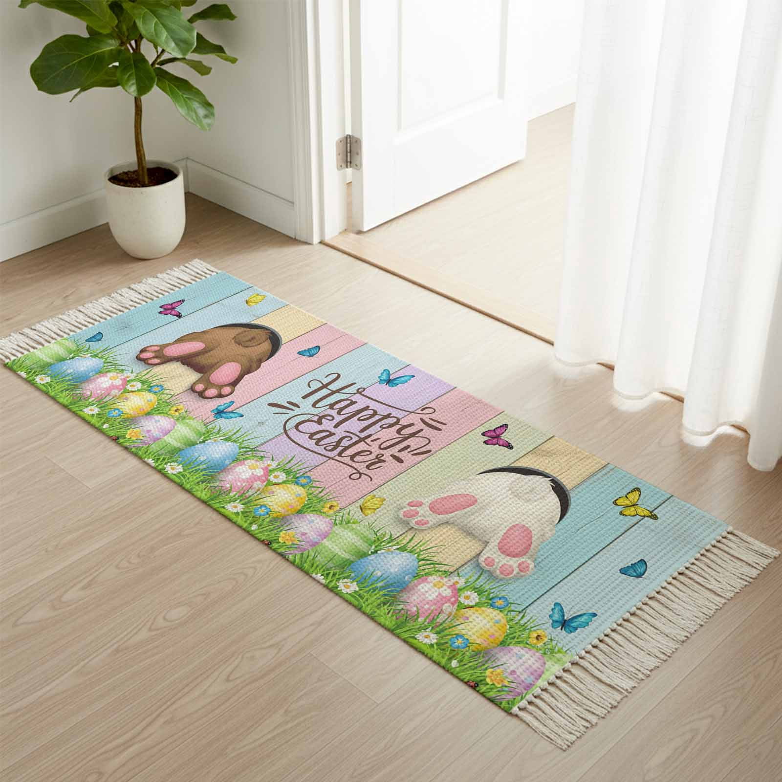 Happy Easter Rug Area Rug with Tassels 2' x 5', Happy Easter Rabbit Butt Egg on Daisy ...