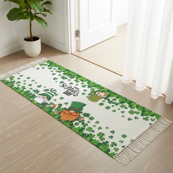 Area Rug with Tassels 2' x 5', Happy St. Patrick's Day Clovers Gnome with Hat Kitchen Runner Rug for Hallway Bedroom Throw Rugs, Green Plants on White Soft Door Mat for Bathroom Entrance Living Room
