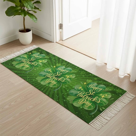 Area Rug with Tassels 2' x 5', Happy St. Patrick's Day Green Clovers Leaves Kitchen Runner Rug for Hallway Bedroom Throw Rugs, Gold Text on Irish Leaf Soft Door Mat for Bathroom Entrance Living Room