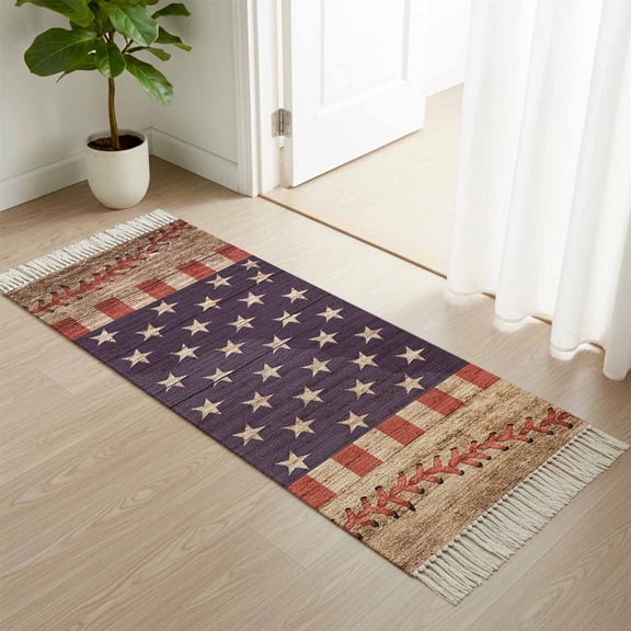 Area Rug with Tassels 2' x 5', Independence Day American Flag Kitchen Runner Rug for Hallway Bedroom Throw Rugs, Baseball Sport Retro Wood Grain Soft Door Mat for Bathroom Entrance Living Room