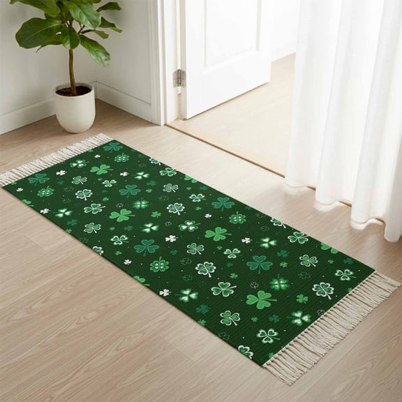 Area Rug with Tassels 2' x 5', Irish St. Patrick's Day Shamrock Kitchen Runner Rug for Hallway Bedroom Throw Rugs, Lucky Four Leaf Clovers on Green Soft Door Mat for Bathroom Entrance Living Room
