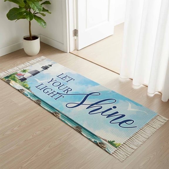 Area Rug with Tassels 2' x 5', LET YOUR LIGHT Shine Kitchen Runner Rug for Hallway Bedroom Throw Rugs, Watercolor Ocean Beach Lighthouse Soft Door Mat for Bathroom Entrance Living Room