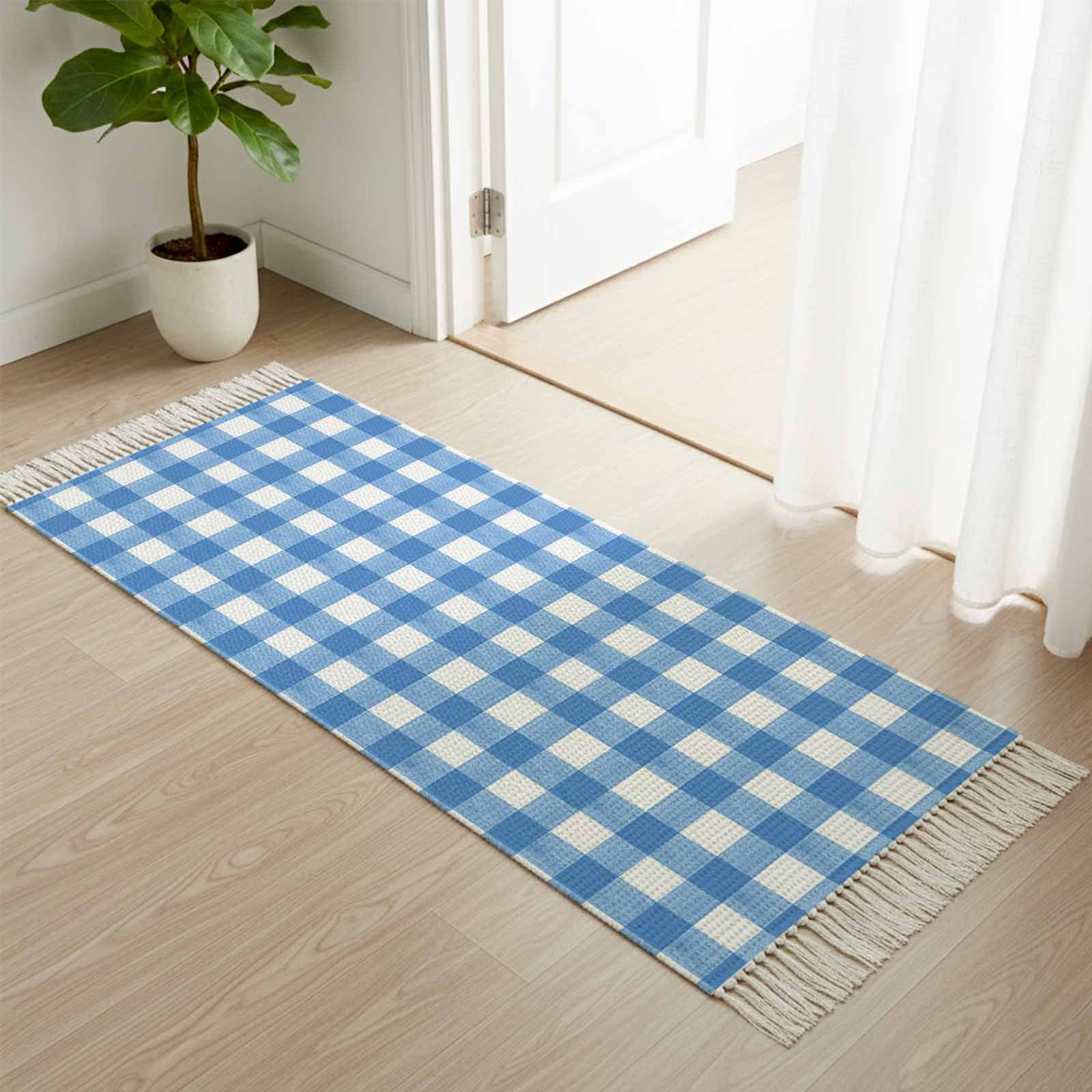 Area Rug with Tassels 2' x 5', Light Blue Gingham Check Kitchen Runner ...
