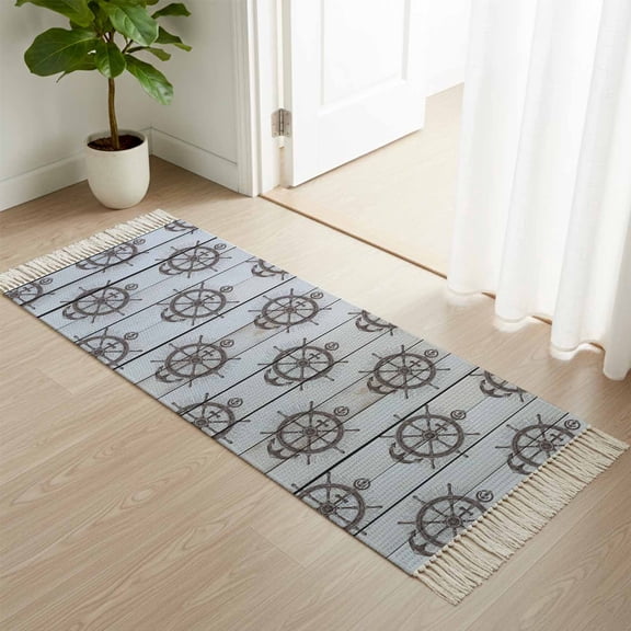 Area Rug with Tassels 2' x 5', Nautical Anchor Gray Plank Kitchen Runner Rug for Hallway Bedroom Throw Rugs, Retro Country Wood Grain Soft Door Mat for Bathroom Entrance Living Room