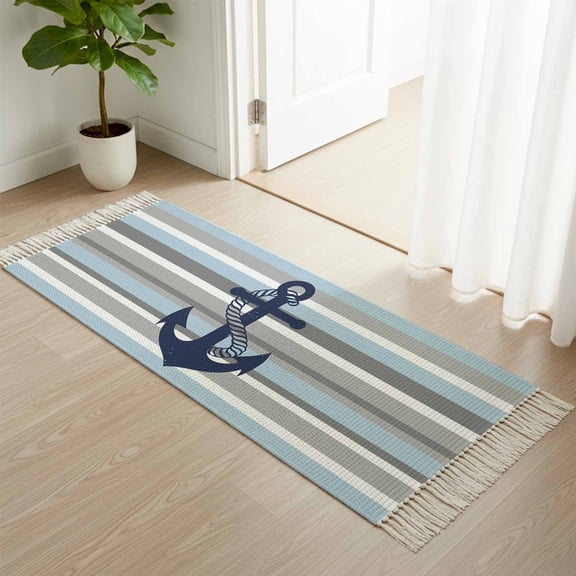 Area Rug with Tassels 2' x 5', Nautical Ocean Blue Anchor Kitchen Runner Rug for Hallway Bedroom Throw Rugs, Blue Gray White Stripe Soft Door Mat for Bathroom Entrance Living Room