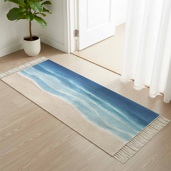 Area Rug with Tassels 2' x 5', Navy Blue Gradient Ocean Wave Kitchen Runner Rug for Hallway Bedroom Throw Rugs, Seaside Water Stripe Soft Door Mat for Bathroom Entrance Living Room