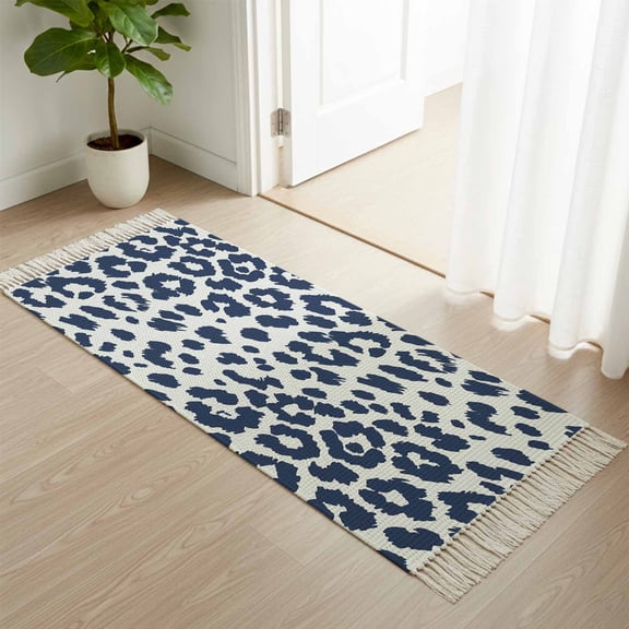 Area Rug with Tassels 2' x 5', Navy Blue Leopard Abstract Kitchen Runner Rug for Hallway Bedroom Throw Rugs, Modern Minimalist Art Soft Door Mat for Bathroom Entrance Living Room