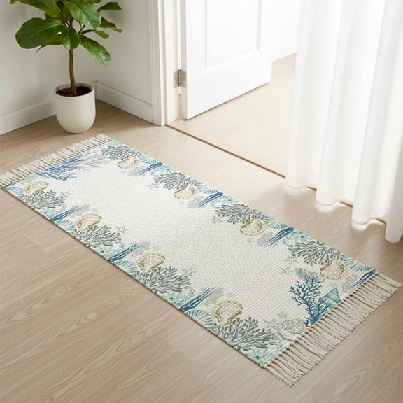 Area Rug with Tassels 2' x 5', Ocean Coral Seashell Marine Life Kitchen Runner Rug for Hallway Bedroom Throw Rugs, Teal White Soft Door Mat for Bathroom Entrance Living Room