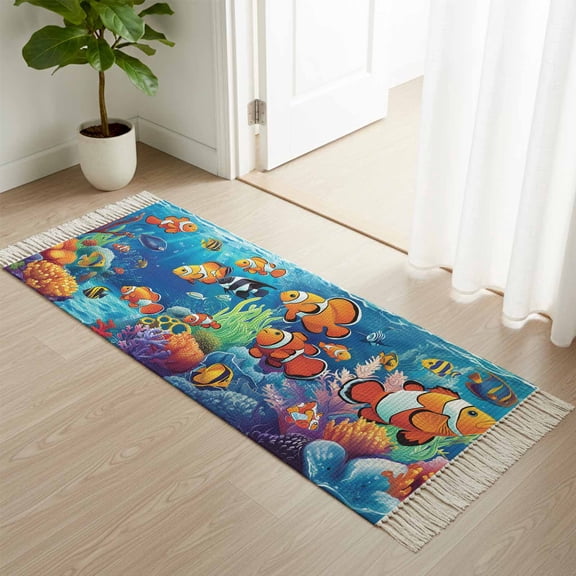 Area Rug with Tassels 2' x 5', Ocean Fish Coral Seaweed Cartoon Style Kitchen Runner Rug for Hallway Bedroom Throw Rugs, Blue Underwater World Soft Door Mat for Bathroom Entrance Living Room