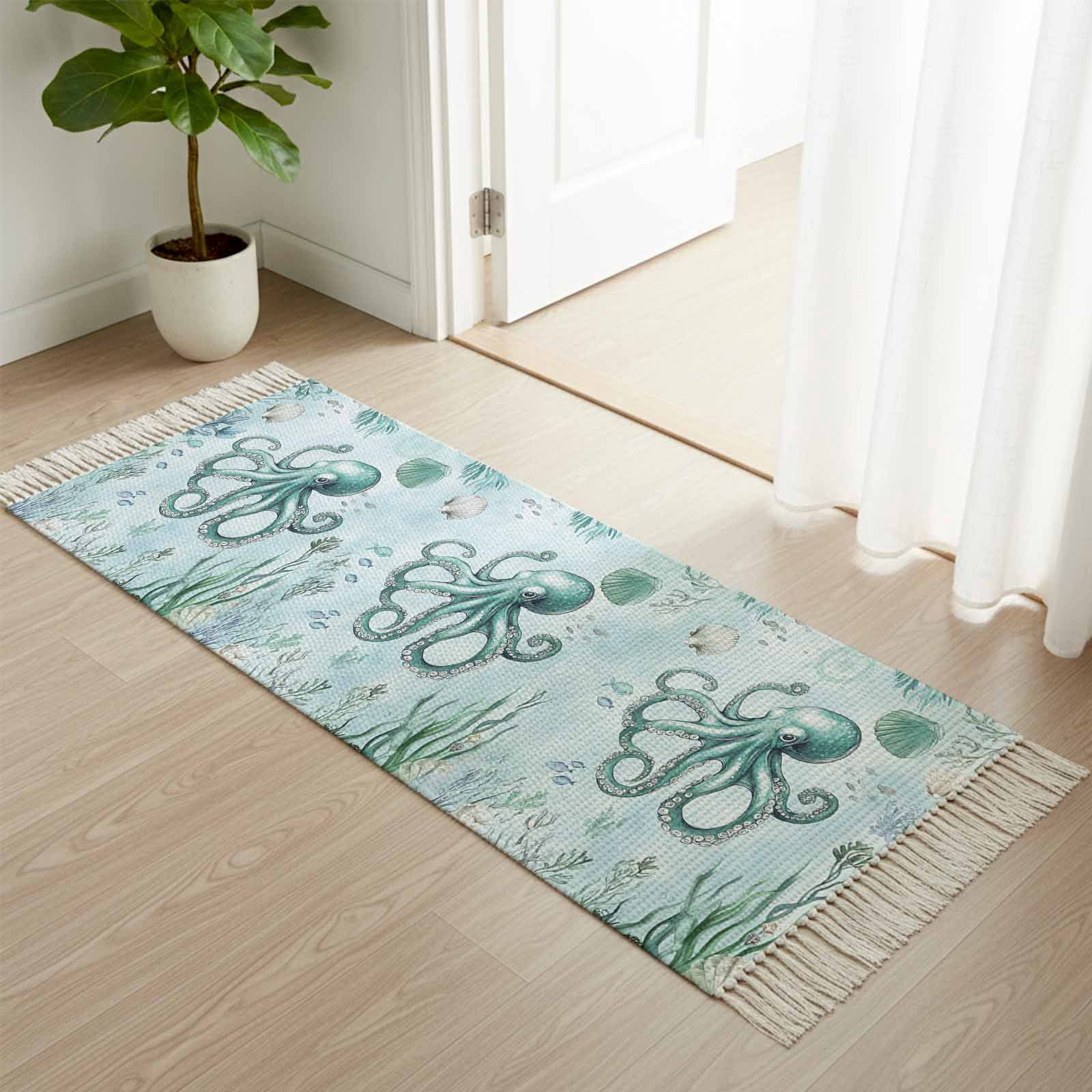 Area Rug with Tassels 2' x 5', Ocean Octopus Shell Seaweed Kitchen ...