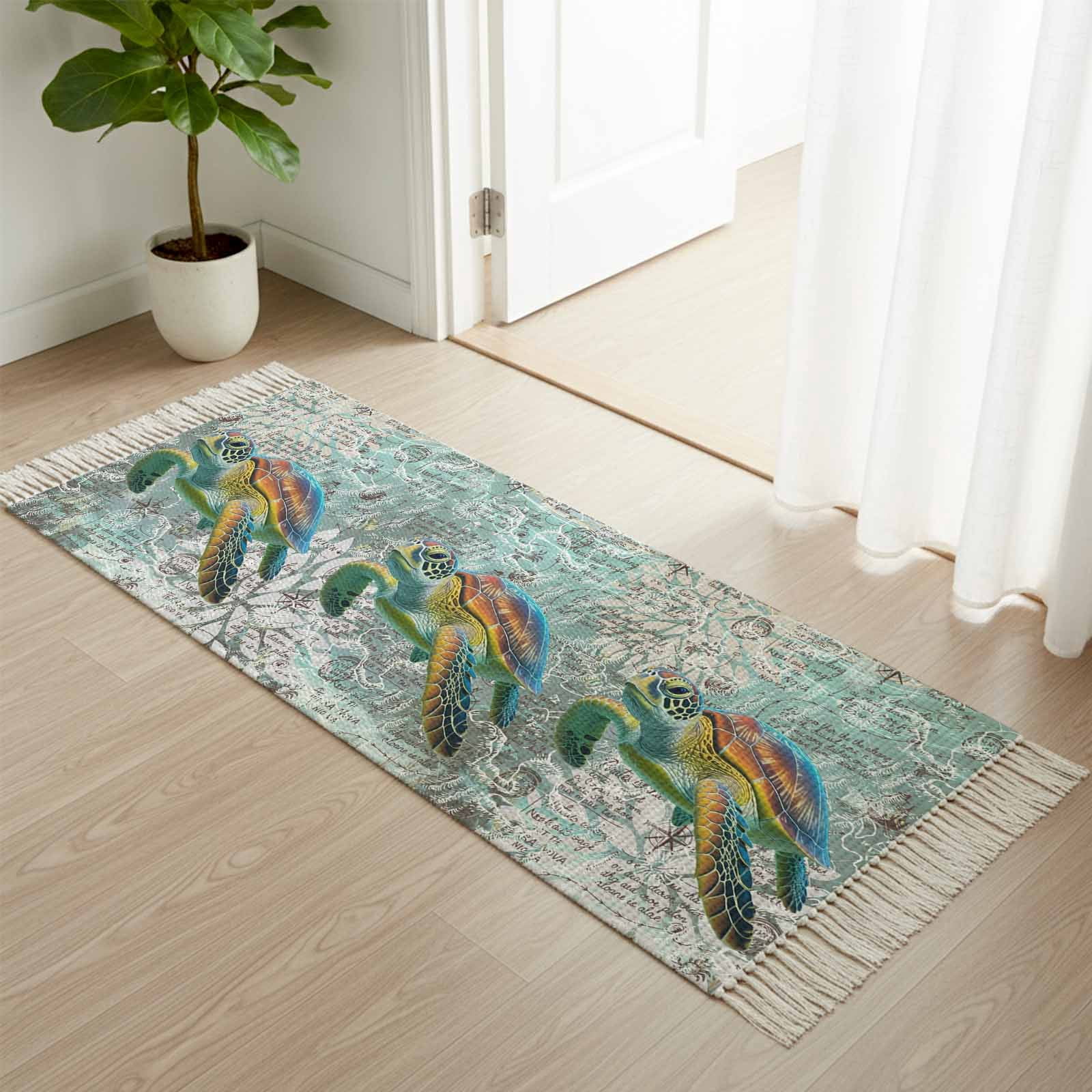 Turtle Rug Runner Area Rug with Tassels 2' x 5', Ocean Sea Turtle Nautical Map Kitchen ...
