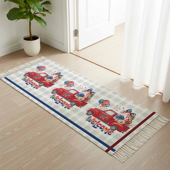 Area Rug with Tassels 2' x 5', Red Truck USA Flag Cherries Kitchen Runner Rug for Hallway Bedroom Throw Rugs, Welcome Words on Plaid Soft Door Mat for Bathroom Entrance Living Room