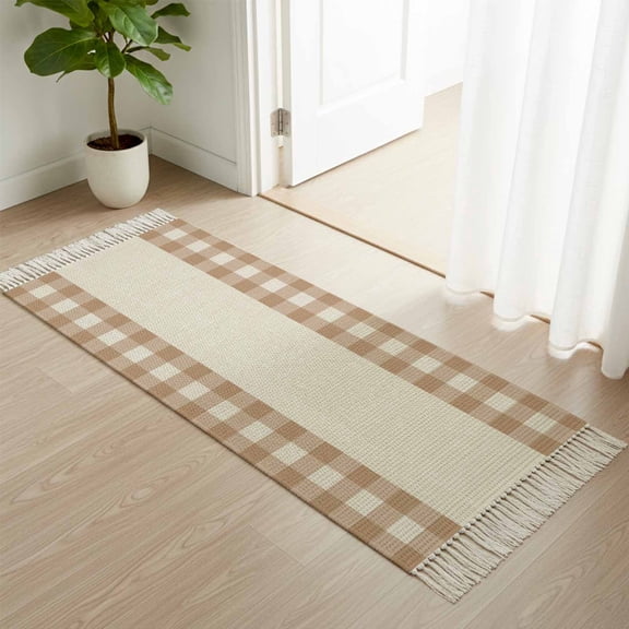 Area Rug with Tassels 2' x 5', Retro Brown Buffalo Check Kitchen Runner Rug for Hallway Bedroom Throw Rugs, Geometric Lattice Linen Texture Soft Door Mat for Bathroom Entrance Living Room