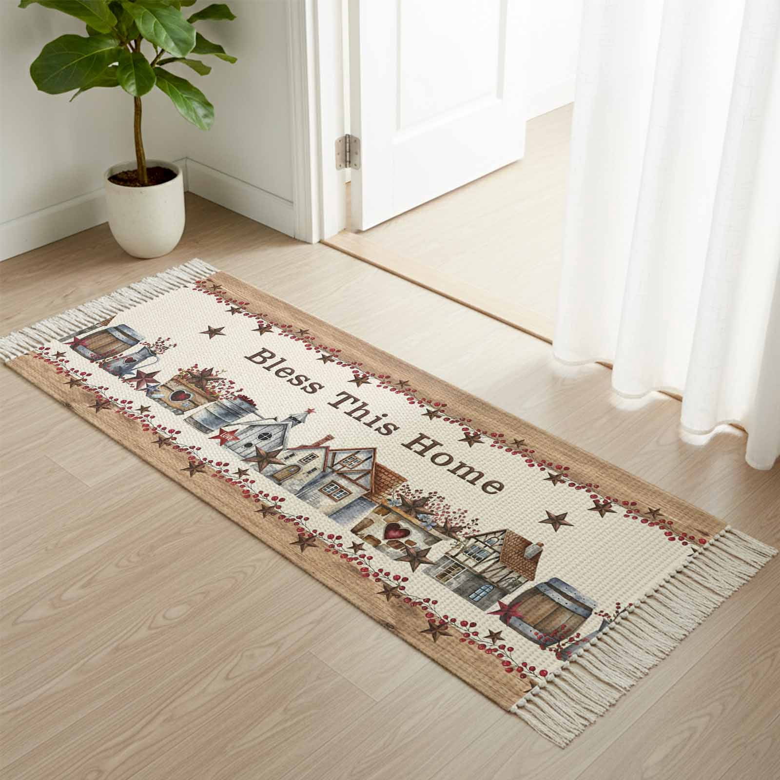 Area Rug with Tassels 2' x 5', Retro Country Farm Star Wood Grain ...