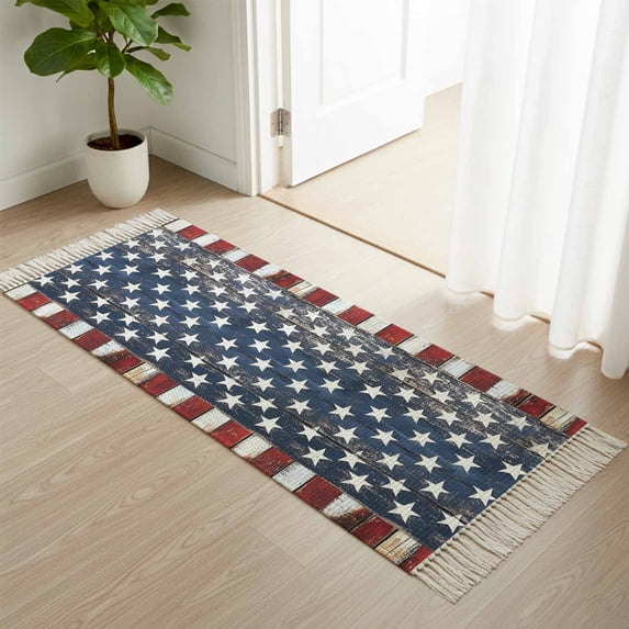 Area Rug with Tassels 2' x 5', Retro Farmhouse Stars Stripes Kitchen Runner Rug for Hallway Bedroom Throw Rugs, Shabby Wood Plank American Flag Soft Door Mat for Bathroom Entrance Living Room