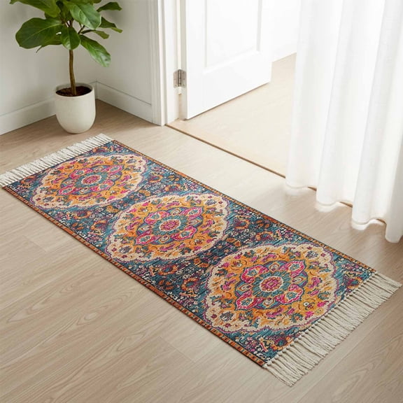 Area Rug with Tassels 2' x 5', Retro Medieval Turkish Tattoos Kitchen Runner Rug for Hallway Bedroom Throw Rugs, Classic Boho Pattern Soft Door Mat for Bathroom Entrance Living Room