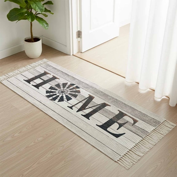 Area Rug with Tassels 2' x 5', Rustic Farm Windmill HOME Quotes Kitchen Runner Rug for Hallway Bedroom Throw Rugs, Chic Wooden Plank Soft Door Mat for Bathroom Entrance Living Room